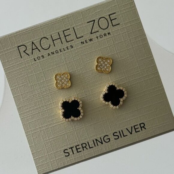 Rachel Zoe Set of 2 Mini earrings Clover Sterling silver 925 Gold Plated W Onyx - Picture 1 of 8
